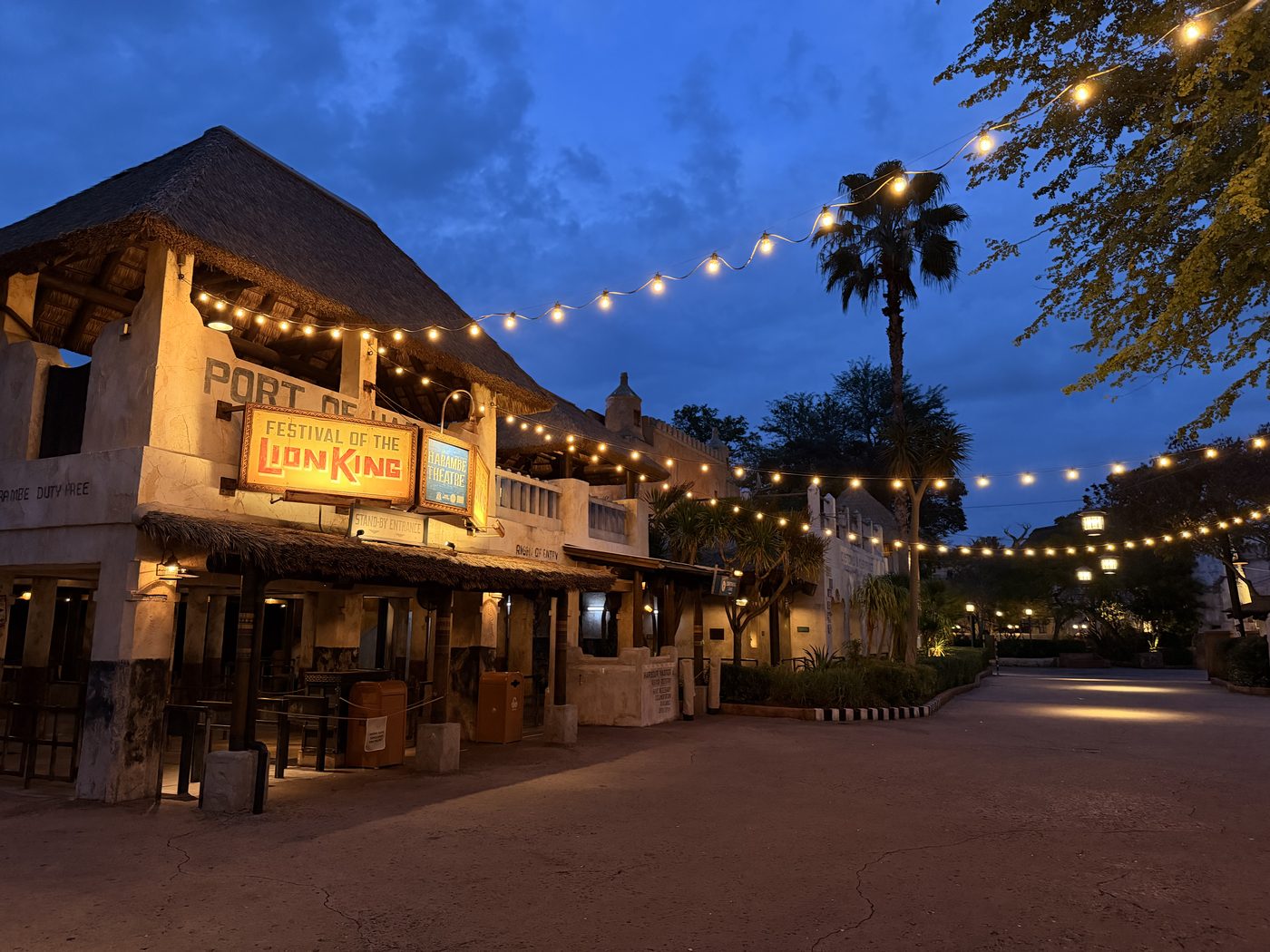 The Festival of the Lion King theater at dusk