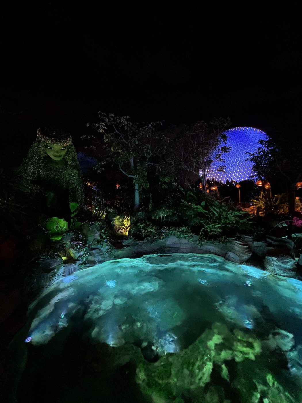 The Moana water garden at night