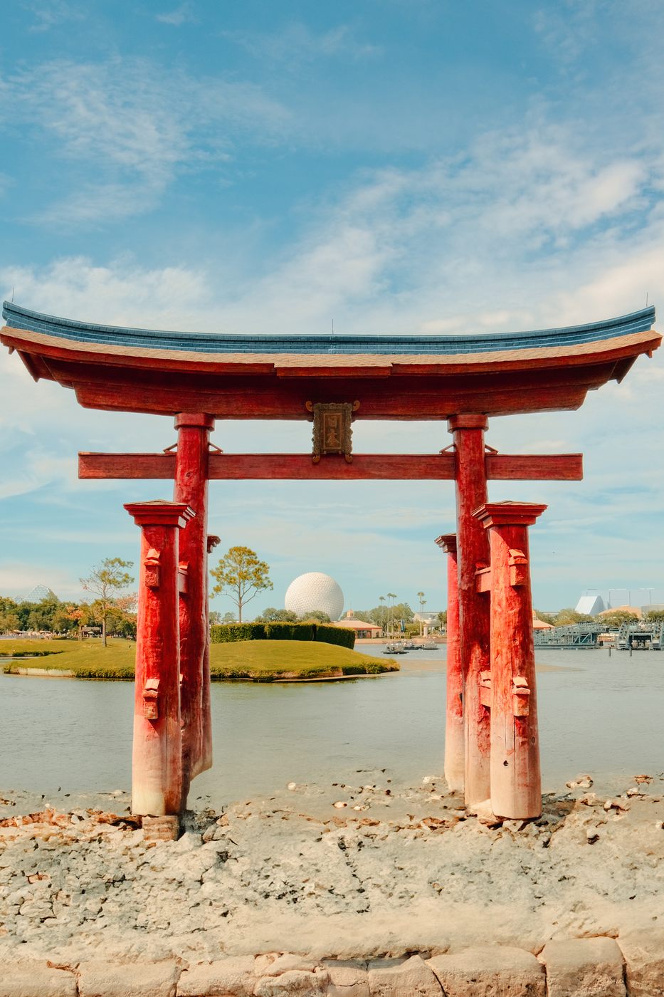 The Japan pavilion torii and Spaceship Earth