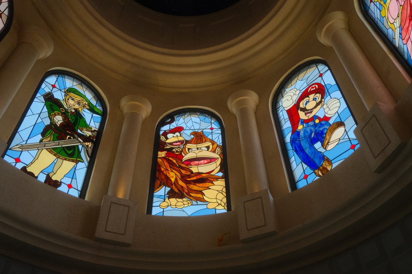 Heroes of the Mushroom Kingdom in stained glass