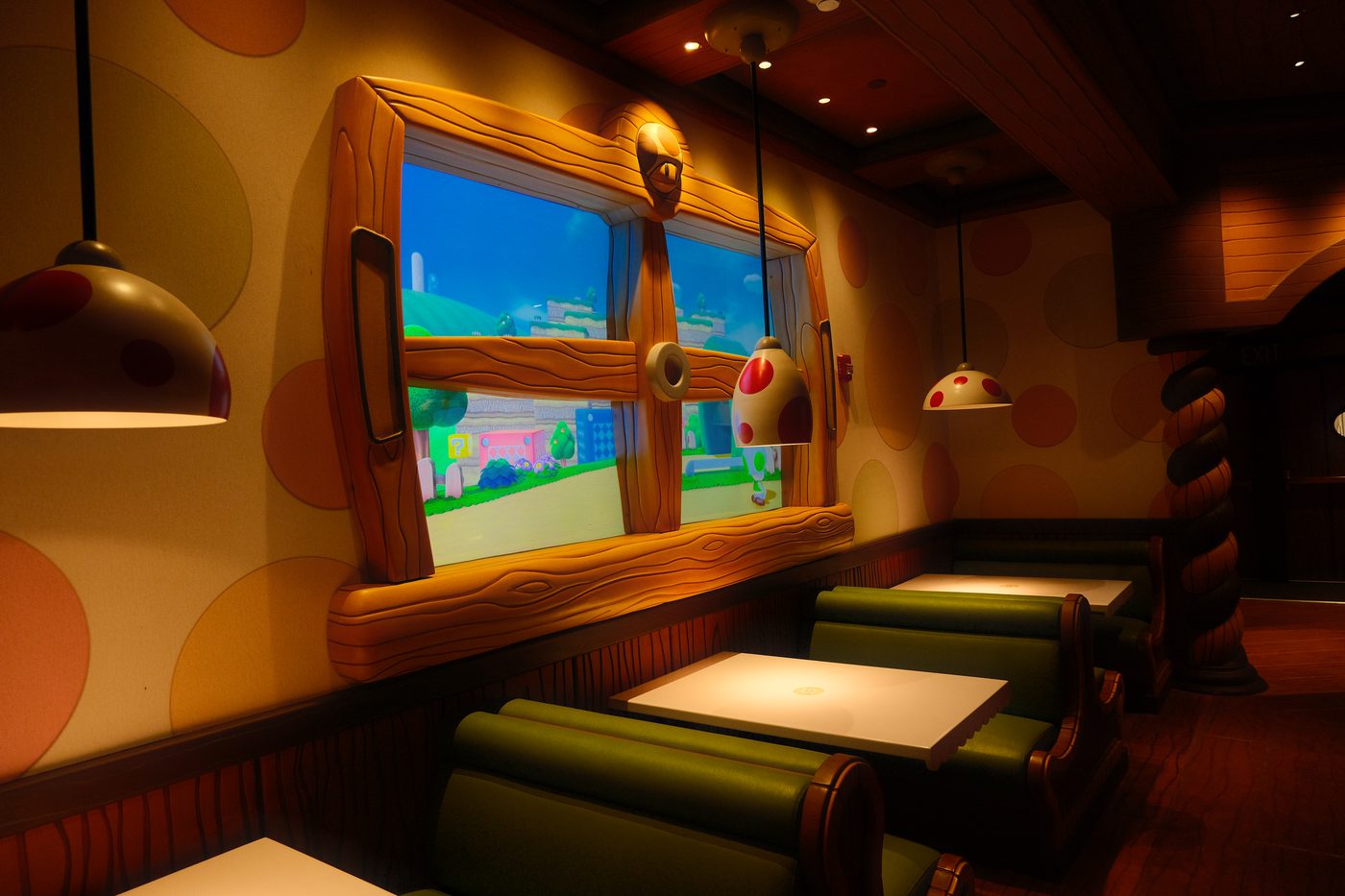 A window on the Mushroom Kingdom from a Toadstool booth
