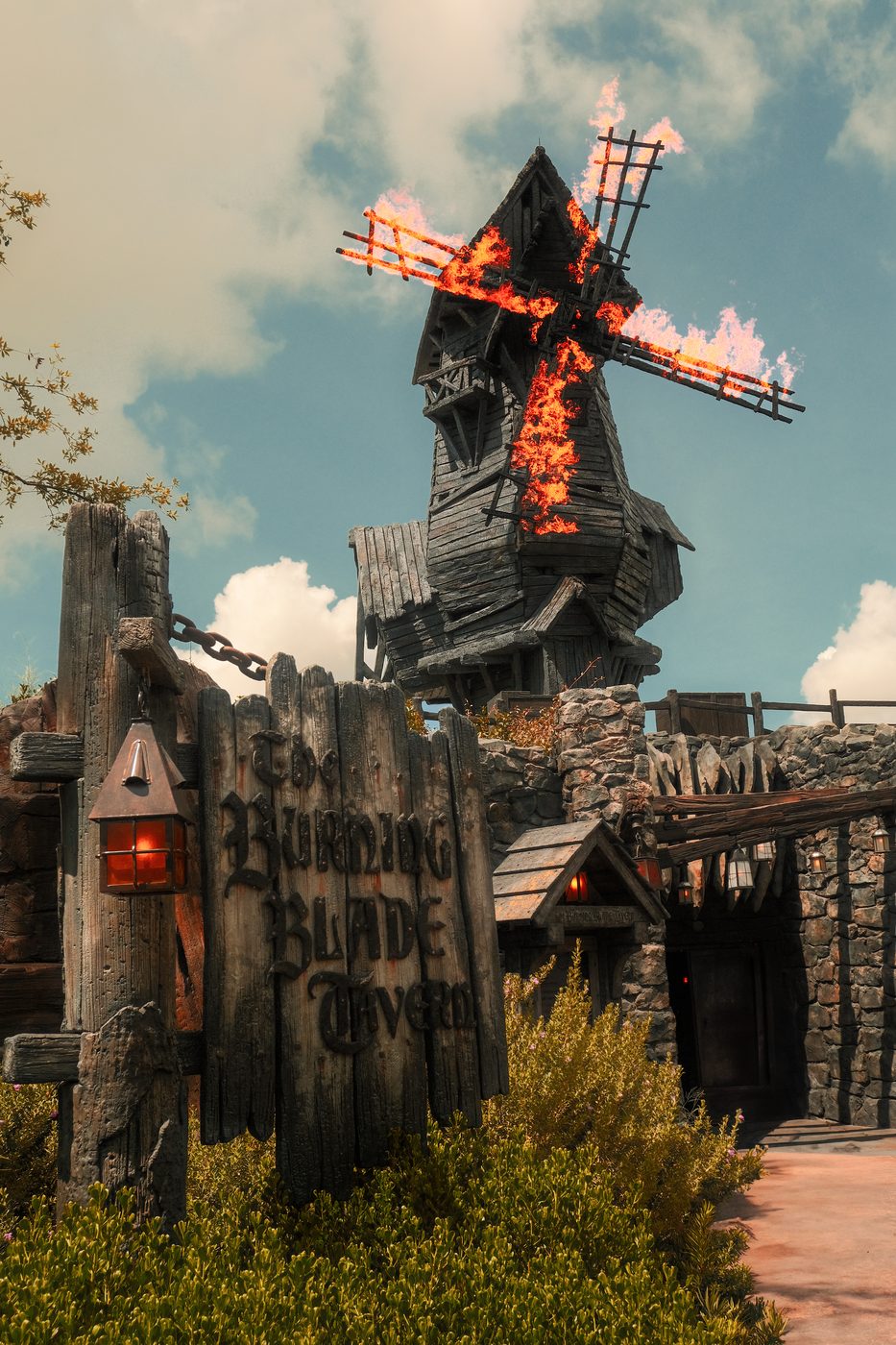The Burning Blade Tavern&rsquo;s blazing windmill