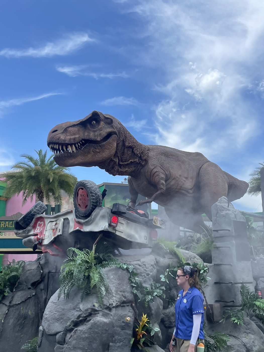 A T. rex over the tour road in Jurassic Park