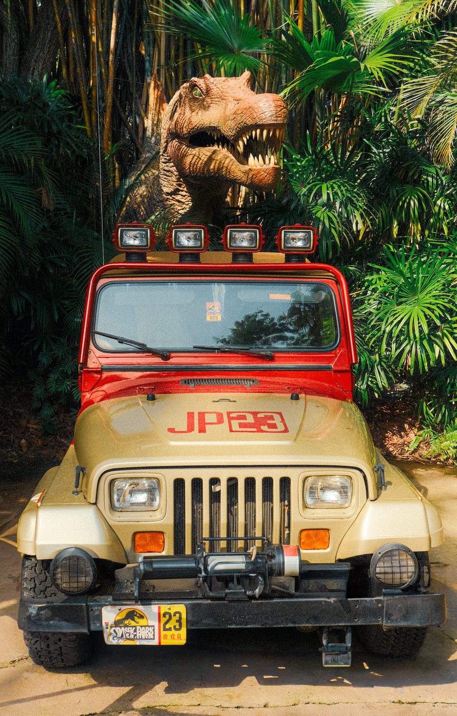 A Jurassic Park jeep left behind