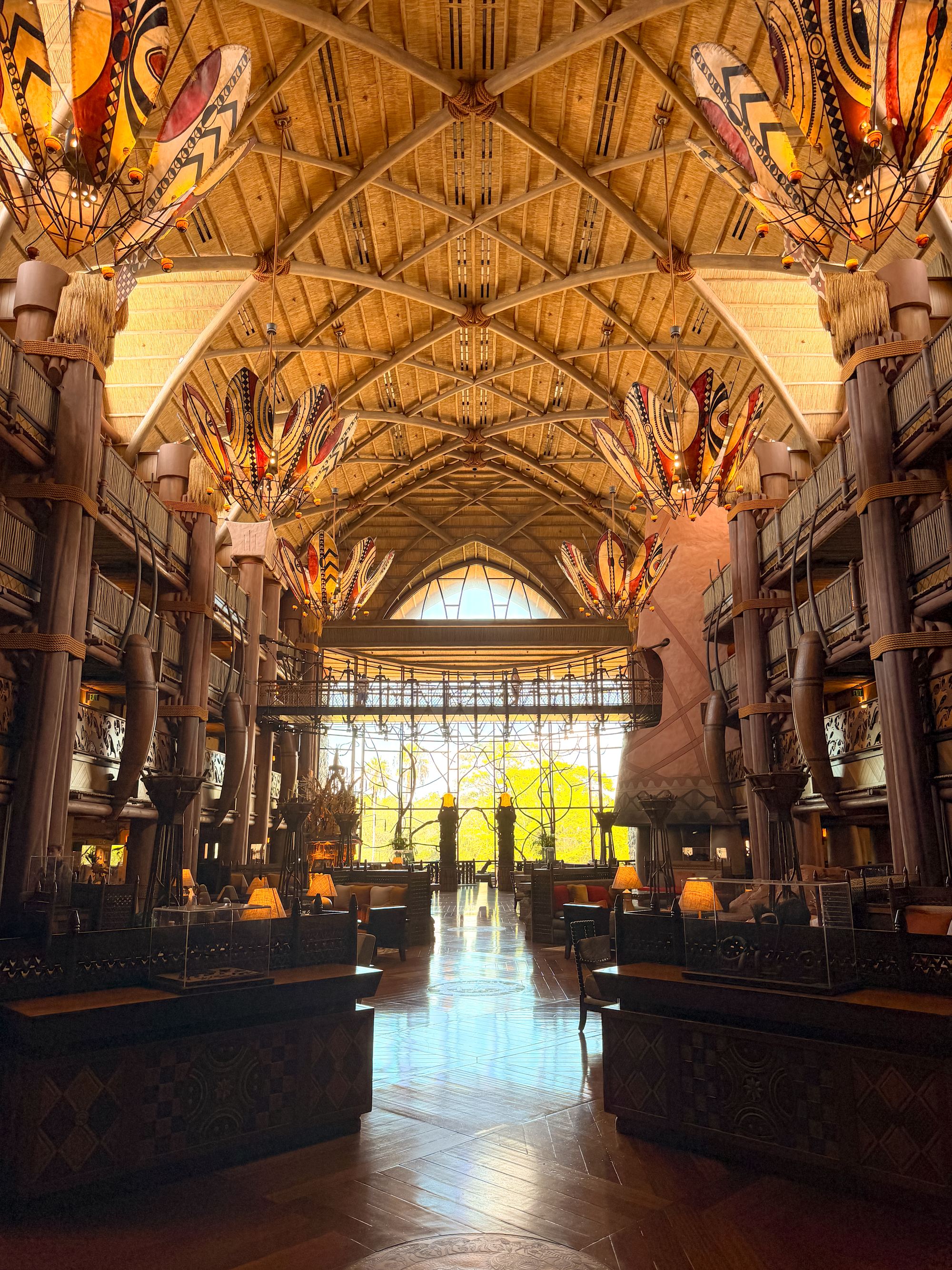 The soaring thatched lobby at Jambo House
