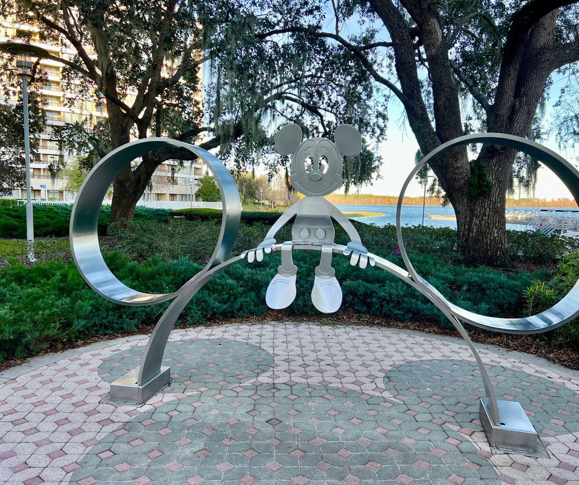 The steel Mickey on the Bay Lake shore