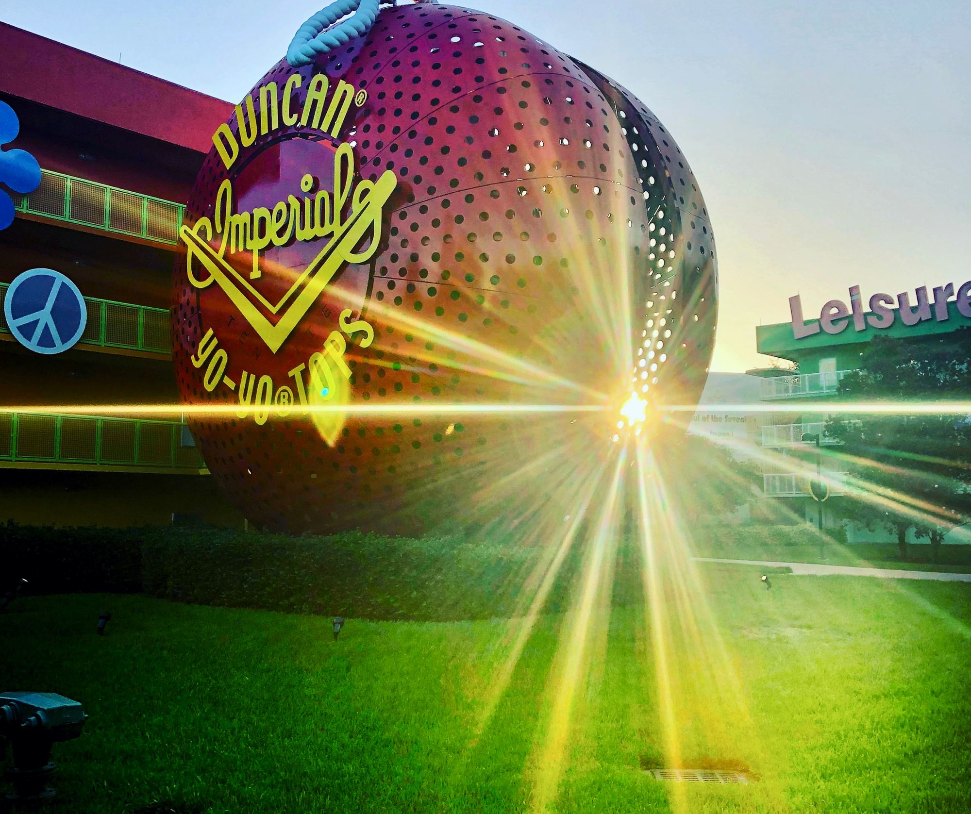 The Duncan yo-yo and Leisure sign at sunset