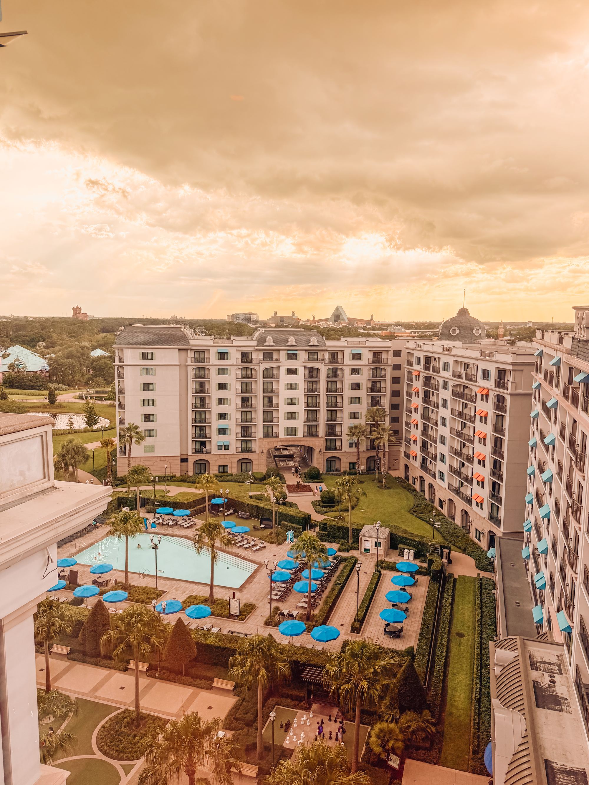 Sunset over the Riviera's pool and courtyards